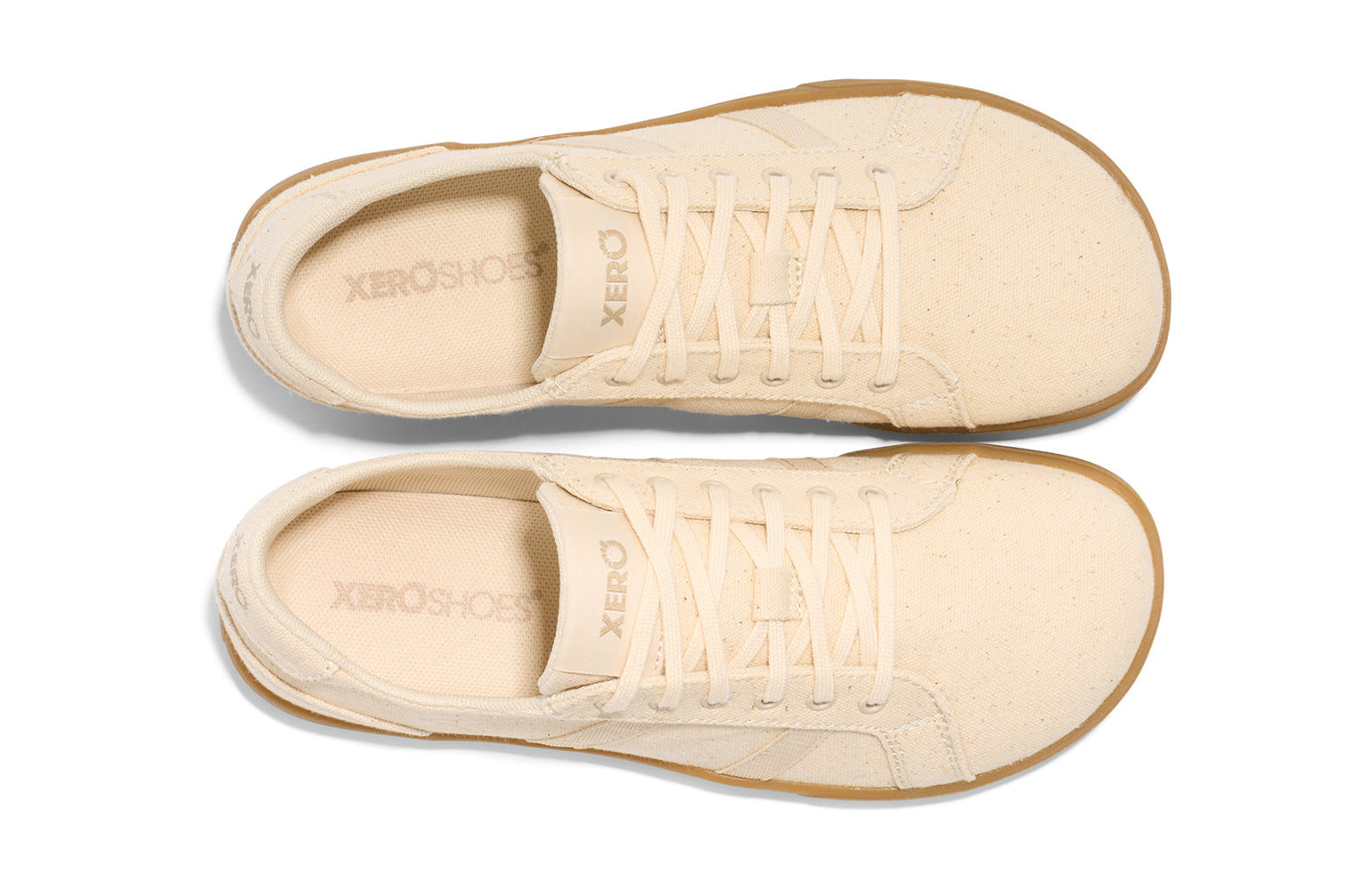 Xero Shoes Canada, specifically men’s barefoot shoes Canada. These minimalist shoes have flexible soles, wide toe boxes, and zero drop. Top view of Xero Men's Dillon Canvas in Natural Gum, a classic sneaker.