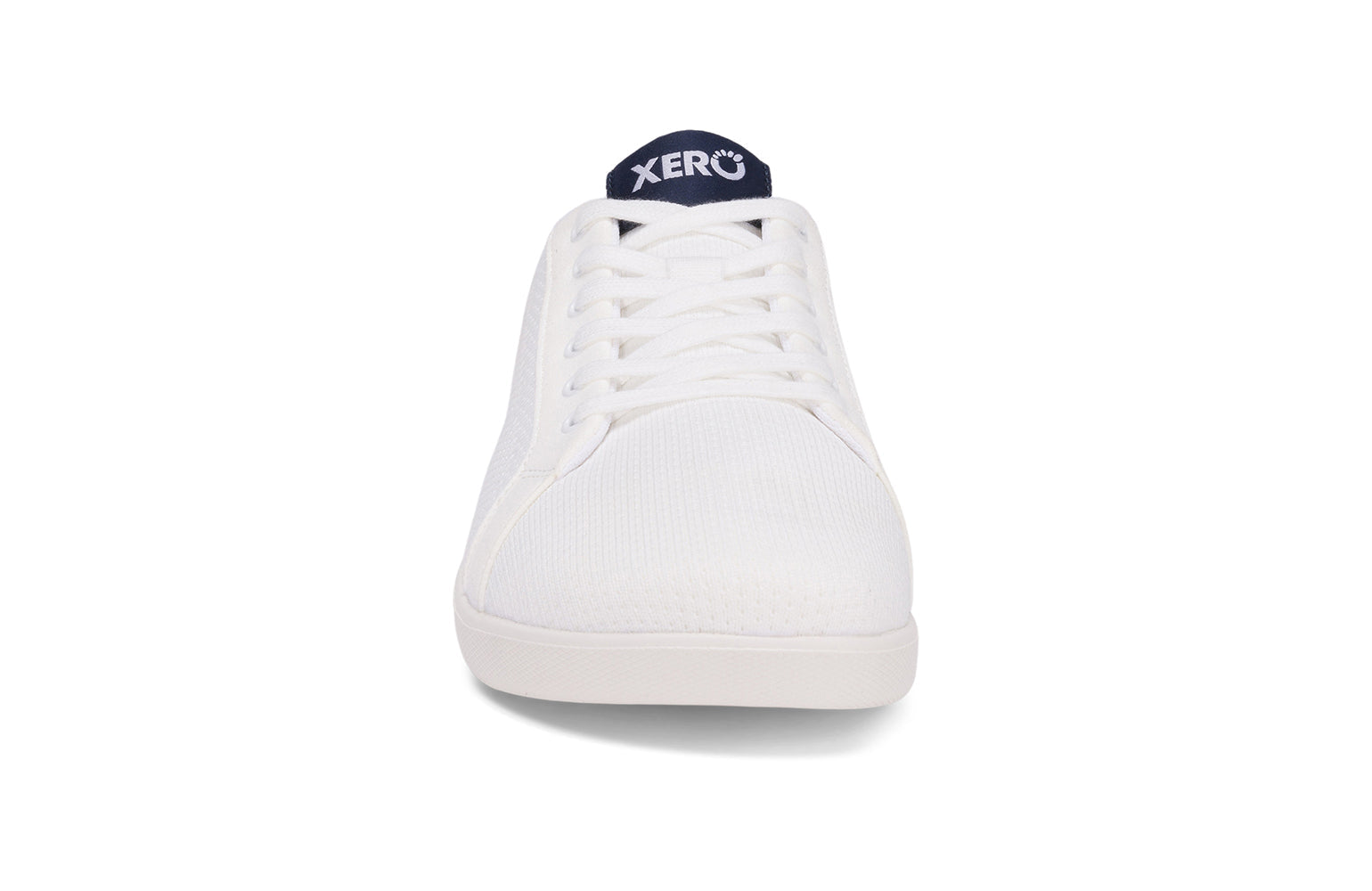 Xero Shoes Canada, specifically men’s barefoot shoes Canada. These minimalist shoes have flexible soles, wide toe boxes, and zero drop. Front view of Xero Men's Dillon in White. Classic, casual sneaker