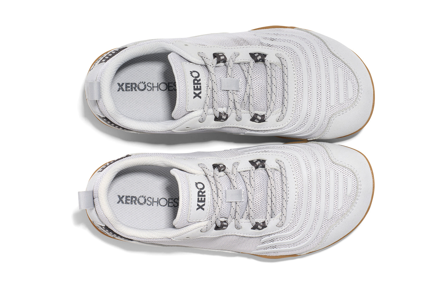 Xero Shoes Canada, specifically barefoot running shoes Canada. These minimalist shoes have flexible soles, wide toe boxes, and zero drop. Top view of Xero Women's 360s in Sunset Lunar Rock/Gum. A cross-training shoe. 