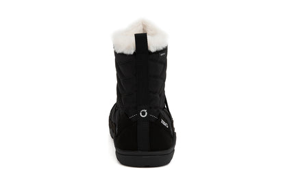 Xero Barefoot Shoes sold in Ontario, Canada. These minimalist shoes have flexible soles, wide toe boxes, and zero drop. Back view of Xero Women's Alpine in Black. Waterproof, lightweight snow boot. 