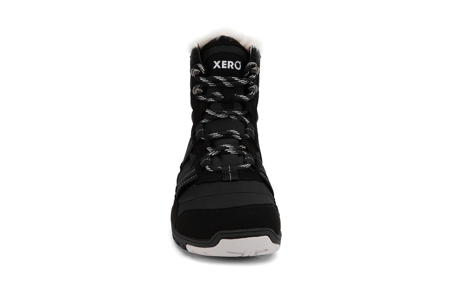 Xero Shoes Canada, specifically women’s barefoot shoes Canada. These minimalist shoes have flexible soles, wide toe boxes, and zero drop. Front view of Xero Women's Alpine in Black. Waterproof, lightweight snow boot. 