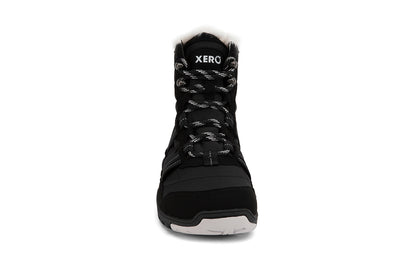 Xero Shoes Canada, specifically women’s barefoot shoes Canada. These minimalist shoes have flexible soles, wide toe boxes, and zero drop. Front view of Xero Women's Alpine in Black. Waterproof, lightweight snow boot. 