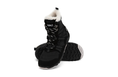 Xero Shoes Canada, specifically women’s barefoot shoes Canada. These minimalist shoes have flexible soles, wide toe boxes, and zero drop. Angled pair view of Xero Women's Alpine in Black. Waterproof, lightweight snow boot. 