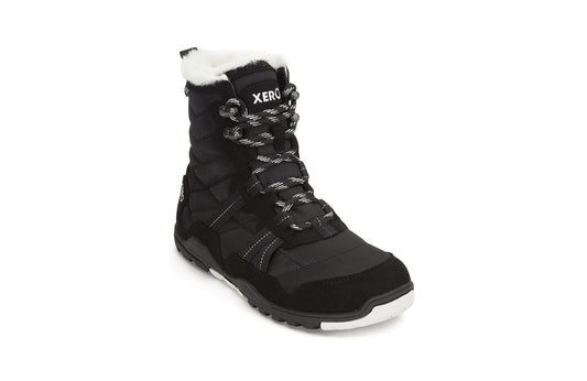 Xero Shoes Canada, specifically women’s barefoot shoes Canada. These minimalist shoes have flexible soles, wide toe boxes, and zero drop. Angled view of Xero Women's Alpine in Black. Waterproof, lightweight snow boot. 