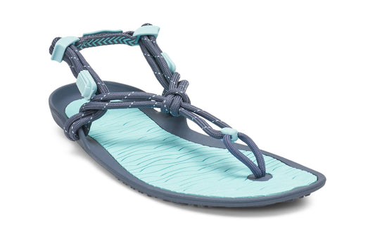 Xero Shoes Canada, specifically women’s barefoot shoes Canada. These minimalist shoes have flexible soles, wide toe boxes, and zero drop. Top view of Xero Women's Aqua Cloud in Blue Glow. Versatile water sport and hiking sandal. 