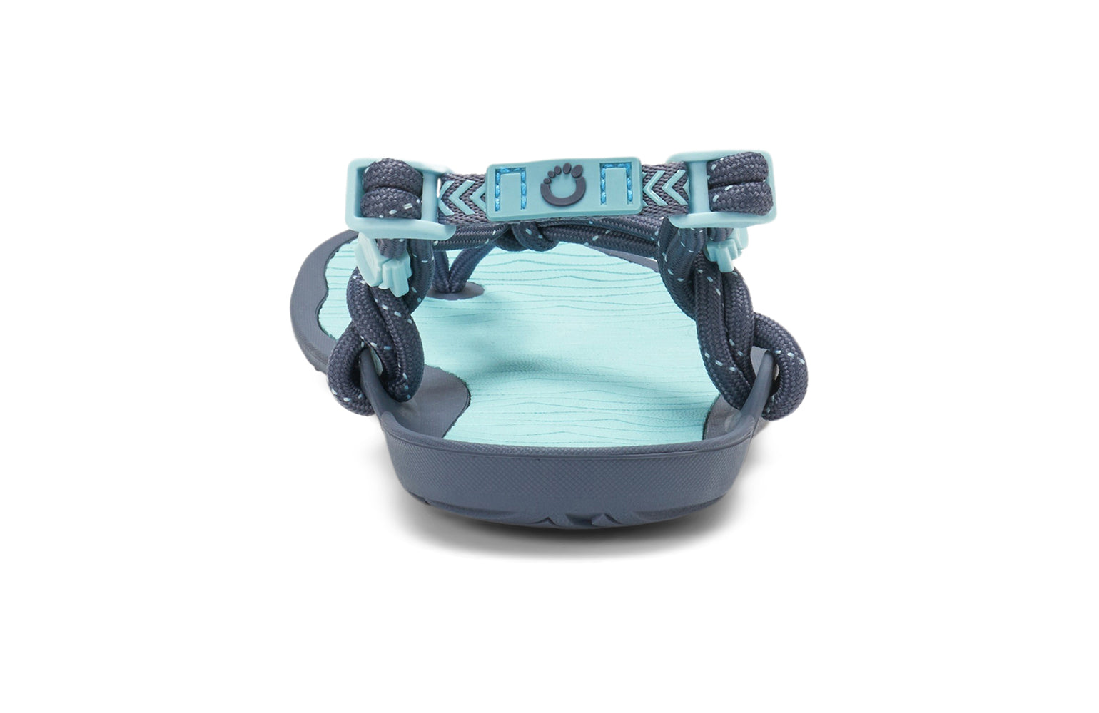 Xero Shoes Canada, specifically women’s barefoot shoes Canada. These minimalist shoes have flexible soles, wide toe boxes, and zero drop. Back view of Xero Women's Aqua Cloud in Blue Glow. Versatile water sport and hiking sandal. 