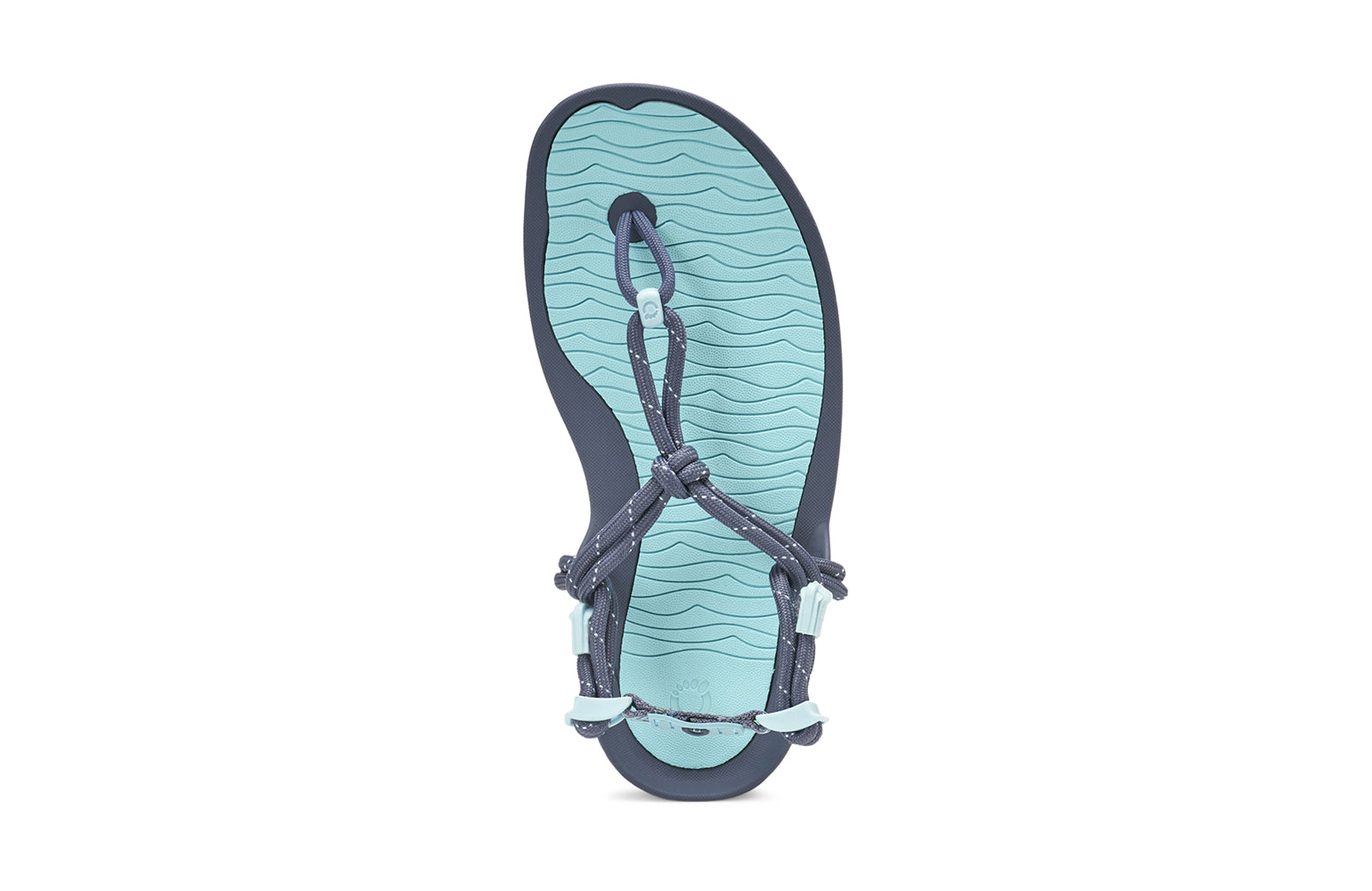 Xero Shoes Canada, specifically women’s barefoot shoes Canada. These minimalist shoes have flexible soles, wide toe boxes, and zero drop. Top view of Xero Women's Aqua Cloud in Blue Glow. Versatile water sport and hiking sandal. 