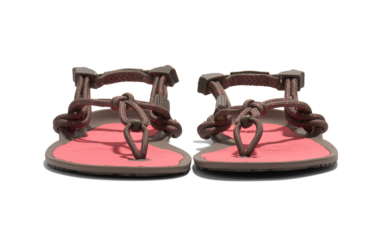 Xero Shoes Canada, specifically women’s barefoot shoes Canada. These minimalist shoes have flexible soles, wide toe boxes, and zero drop. Front view of Xero Women's Aqua Cloud in Morel/Sunset Coral. Versatile water sport and hiking sandal. 