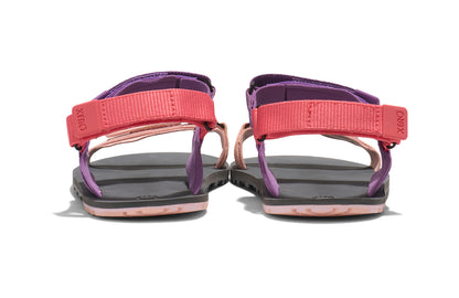 Xero Shoes Canada, specifically women’s barefoot shoes Canada. These minimalist shoes have flexible soles, wide toe boxes, and zero drop. Back view of Xero Women's D-Trail in Dewberry Multi, a versatile hiking sandal.