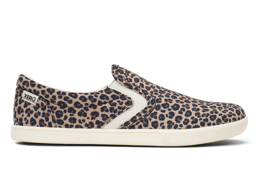 Xero Shoes Canada, specifically women’s barefoot shoes Canada. These minimalist shoes have flexible soles, wide toe boxes, and zero drop. Pair view of Xero Women's Dillon Canvas Slip-On in Leopard. Slip-on sneaker. 