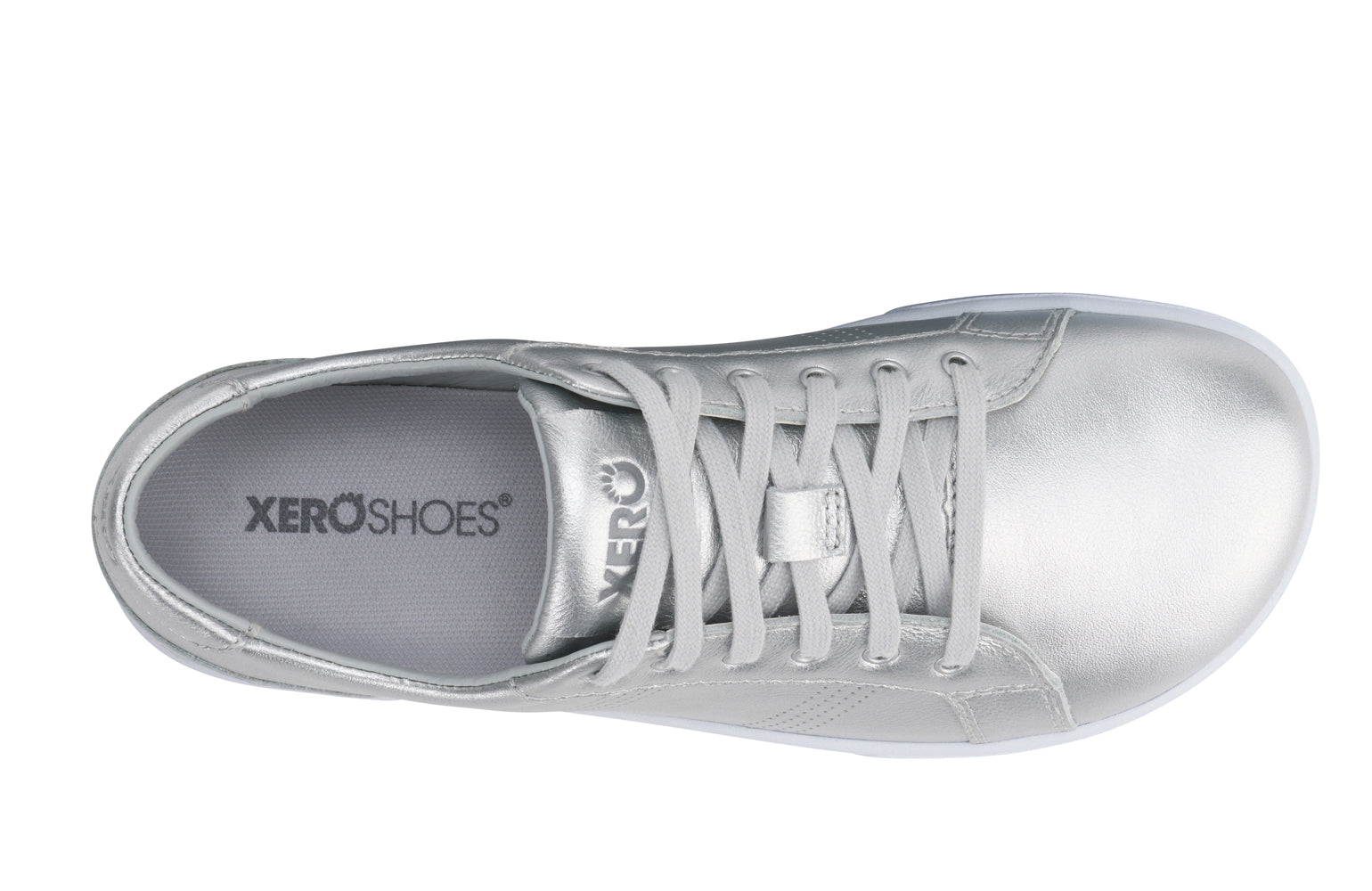 Xero Barefoot Shoes sold in Ontario, Canada. These minimalist shoes have flexible soles, wide toe boxes, and zero drop. Top view of Dillon Leather in Silver Metallic. A classic leather sneaker. 