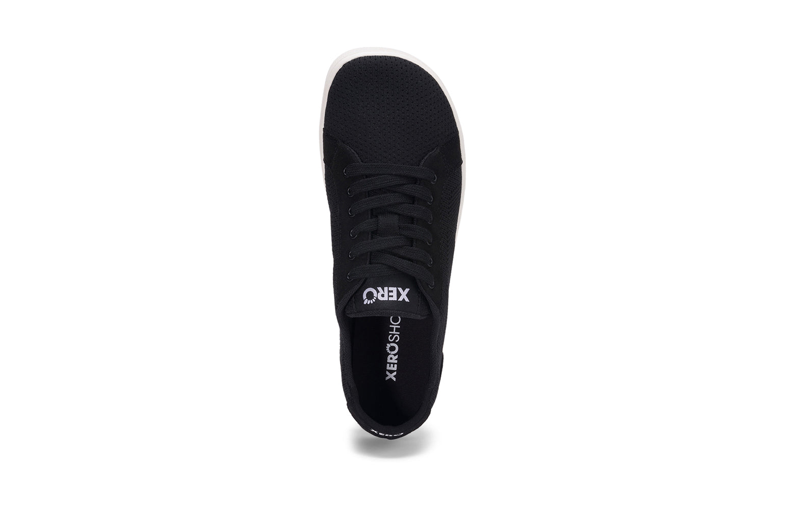 Xero Shoes Canada, specifically women’s barefoot shoes Canada. These minimalist shoes have flexible soles, wide toe boxes, and zero drop. Top view of Xero Women's Dillon in Black. Classic, casual sneaker