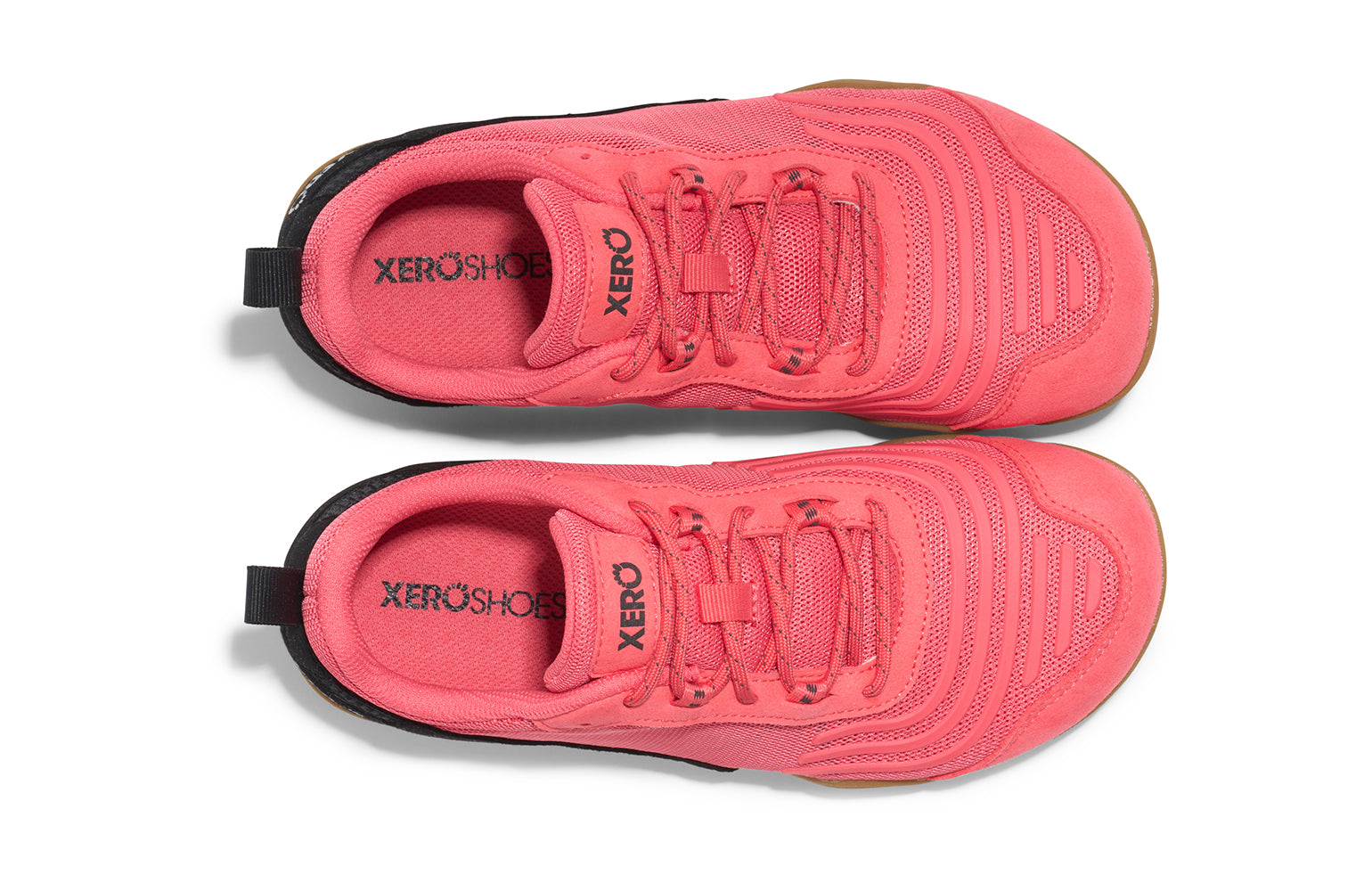 Xero Shoes Canada, specifically barefoot running shoes Canada. These minimalist shoes have flexible soles, wide toe boxes, and zero drop. Top view of Xero Women's 360s in Sunset Coral/Black Gum. A cross-training shoe. 