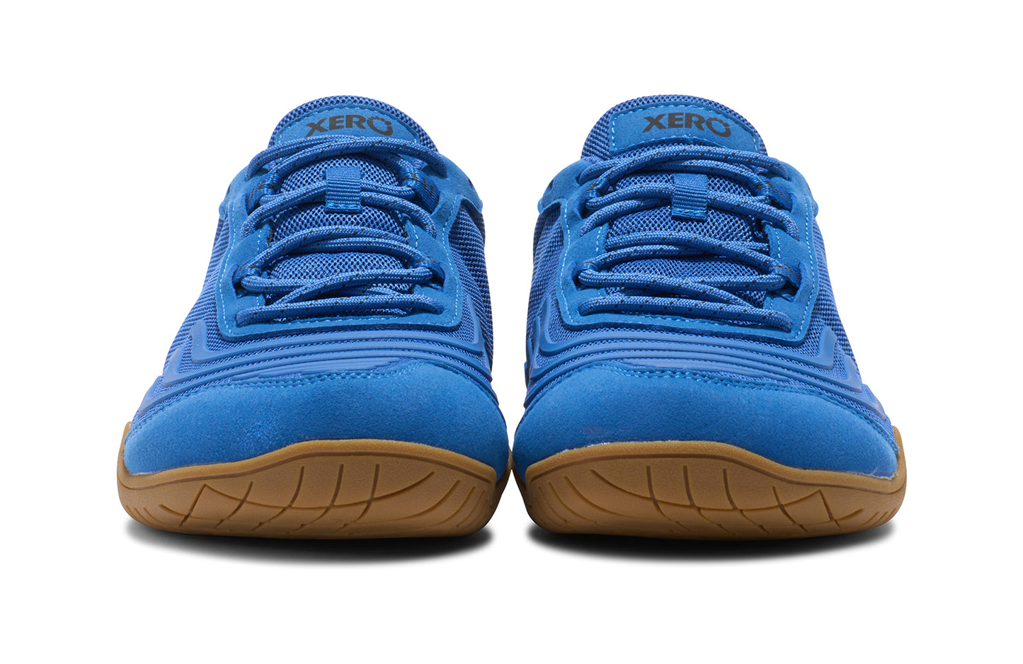 Xero shoes Canada, specifically barefoot running shoes Canada. These minimalist shoes have flexible soles, wide toe boxes, and zero drop. Front view of Xero Men's 360s in Blue Iolite/Black Gum. A cross-training shoe. 