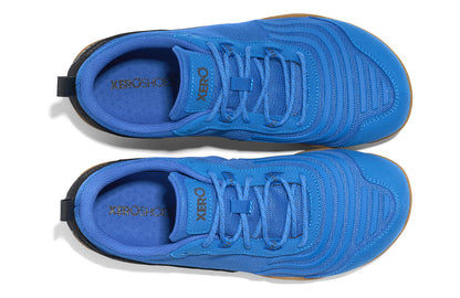 Xero shoes Canada, specifically barefoot running shoes Canada. These minimalist shoes have flexible soles, wide toe boxes, and zero drop. Top view of Xero Men's 360s in Blue Iolite/Black Gum. A cross-training shoe. 
