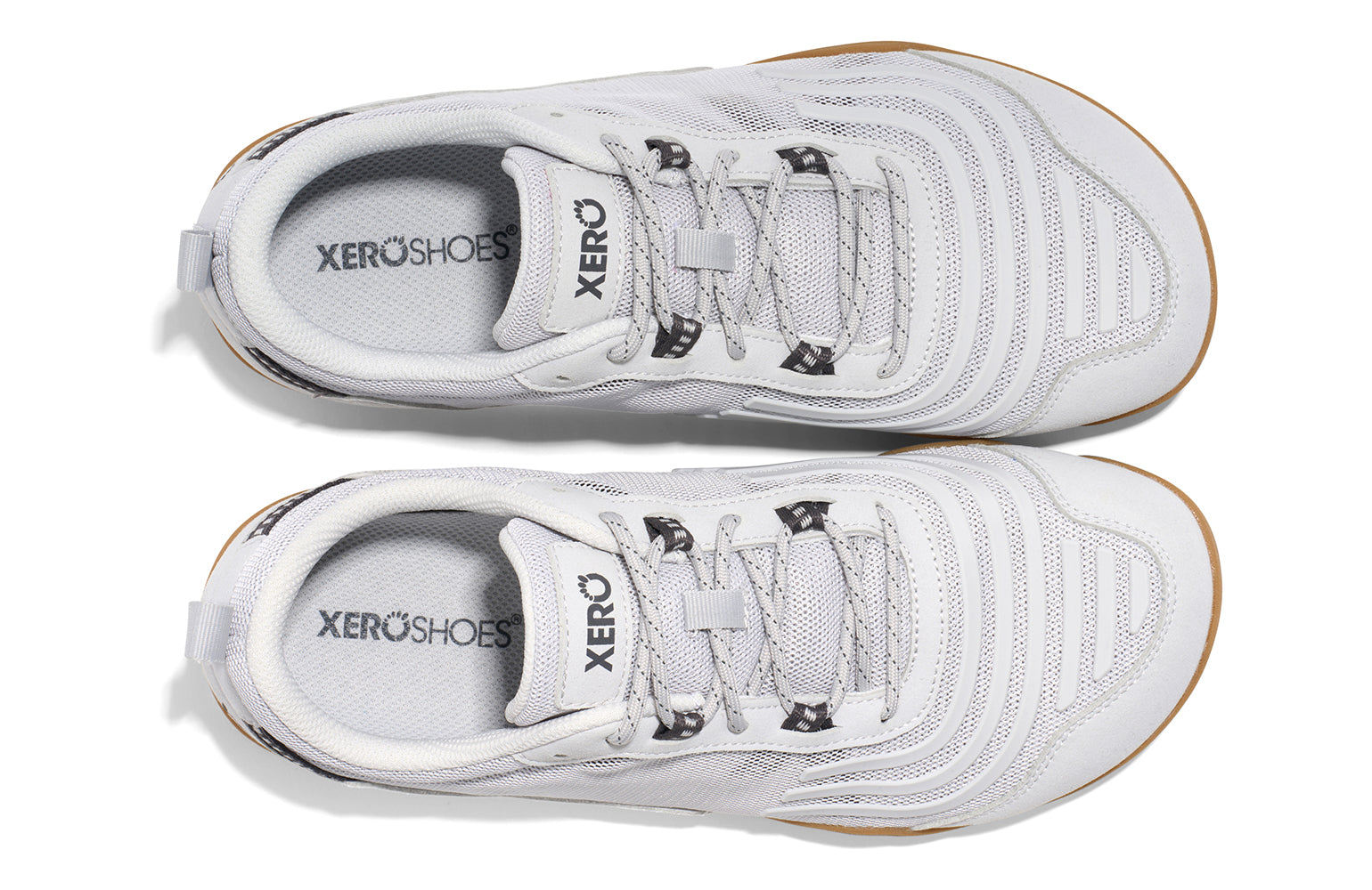 Xero shoes Canada, specifically barefoot running shoes Canada. These minimalist shoes have flexible soles, wide toe boxes, and zero drop. Top view of Xero Men's 360s in Lunar Rock/Gum. A cross-training shoe. 