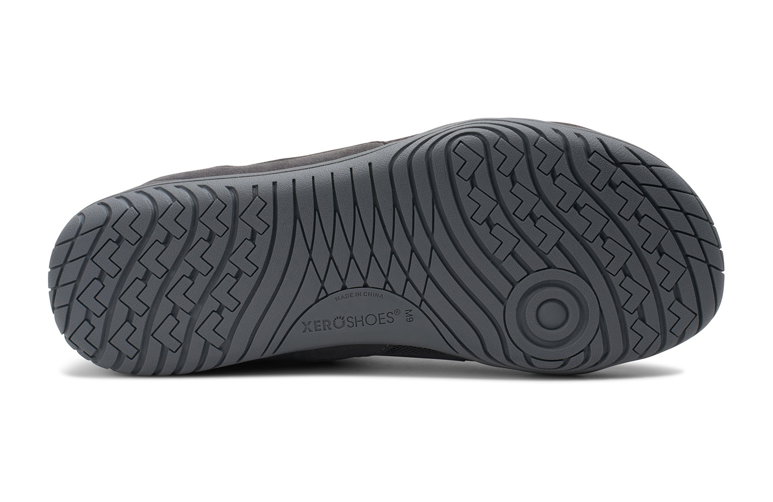 Xero shoes Canada, specifically barefoot running shoes Canada. These minimalist shoes have flexible soles, wide toe boxes, and zero drop. Sole view of Xero Men's 360s in Asphalt/Gray. A cross-training shoe. 