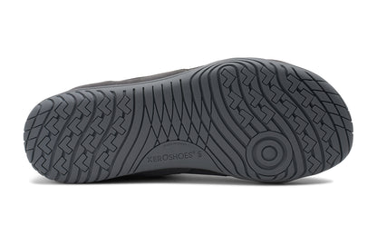 Xero shoes Canada, specifically barefoot running shoes Canada. These minimalist shoes have flexible soles, wide toe boxes, and zero drop. Sole view of Xero Men's 360s in Asphalt/Gray. A cross-training shoe. 