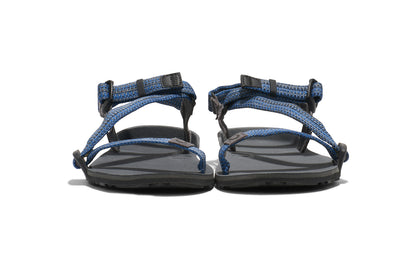 Xero Barefoot shoes for kids sold in Ontario, Canada. These minimalist shoes have flexible soles, wide toe boxes, and zero drop. Front view of Xero Kid's Z-Trail in Blue, a lightweight packable sport sandal. 