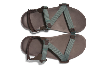 Xero Shoes Canada, specifically men’s barefoot shoes Canada. These minimalist shoes have flexible soles, wide toe boxes, and zero drop. Top view of Xero Men's Z-Trail EV in Dark Forest/Java Brown. Trail hiking, running, and recovery sandal. 