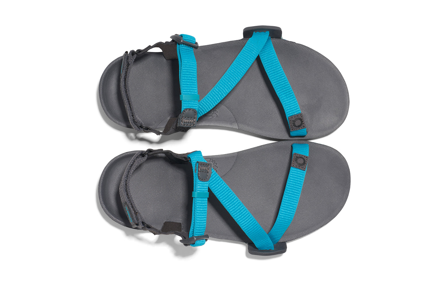 Xero Shoes Canada, specifically women’s barefoot shoes Canada. These minimalist shoes have flexible soles, wide toe boxes, and zero drop. Top view of Xero Women's Z-Trail EV in Lake Blue/Asphalt. Trail hiking, running, and recovery sandal. 