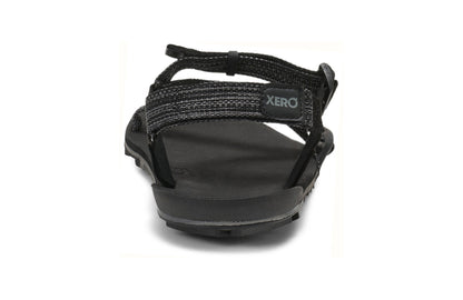 Xero Shoes Canada, specifically men’s barefoot shoes Canada. These minimalist shoes have flexible soles, wide toe boxes, and zero drop. Back view of Xero Men's Z-Trail EV in Multi-Black. Trail hiking, running, and recovery sandal. 