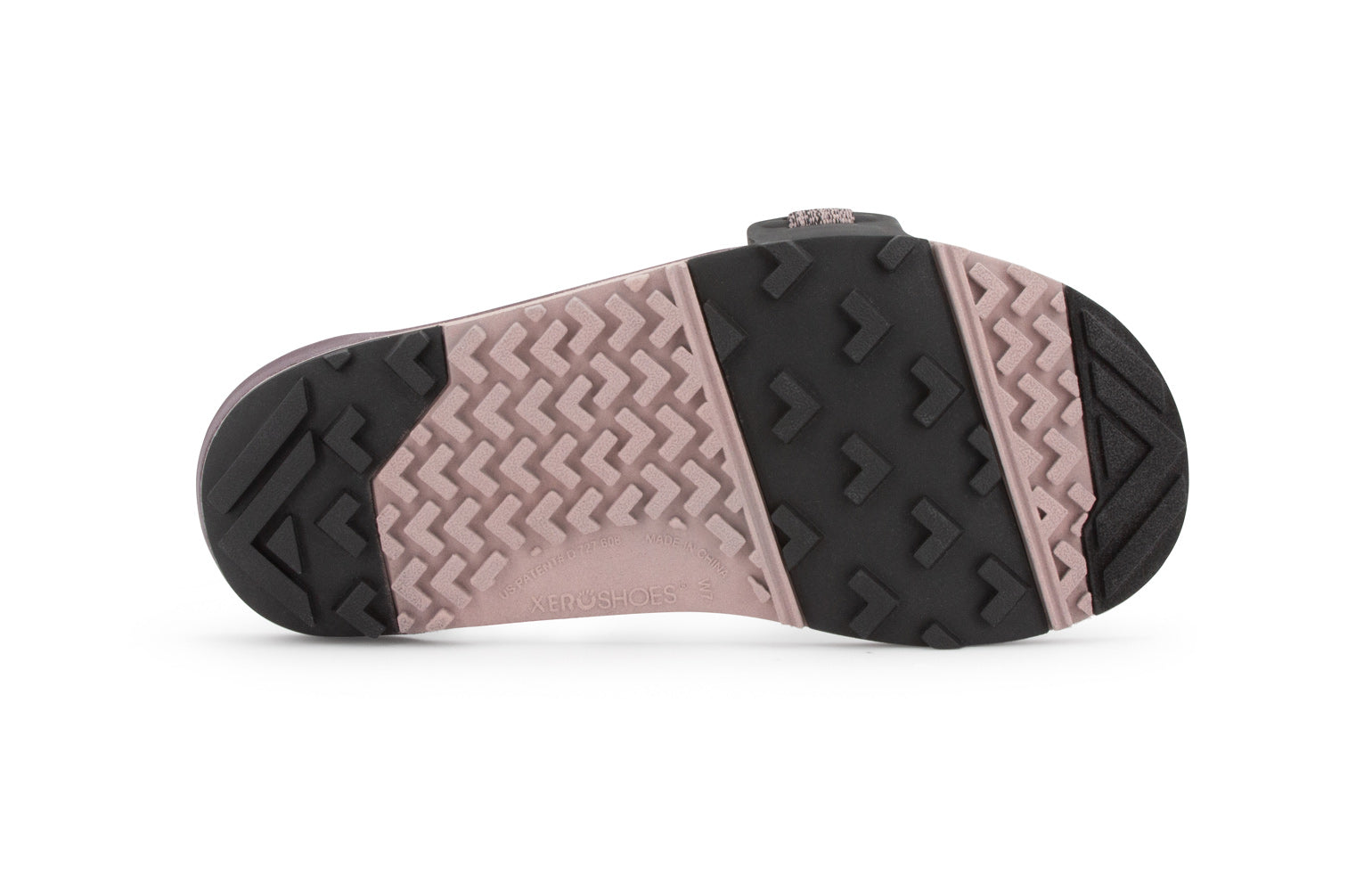 Xero Shoes Canada, specifically women’s barefoot shoes Canada. These minimalist shoes have flexible soles, wide toe boxes, and zero drop. Sole view of Xero Women's Z-Trail EV in Dusty Rose. Trail hiking, running, and recovery sandal. 