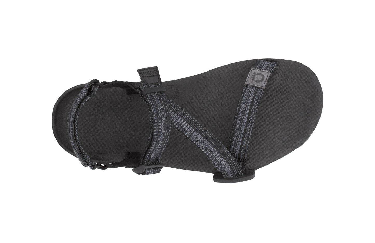 Xero Shoes Canada, specifically women’s barefoot shoes Canada. These minimalist shoes have flexible soles, wide toe boxes, and zero drop. Top view of Xero Women's Z-Trail EV in Multi-Black. Trail hiking, running, and recovery sandal. 