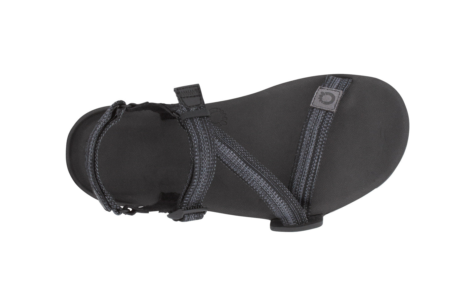 Xero Shoes Canada, specifically women’s barefoot shoes Canada. These minimalist shoes have flexible soles, wide toe boxes, and zero drop. Top view of Xero Women's Z-Trail EV in Multi-Black. Trail hiking, running, and recovery sandal. 