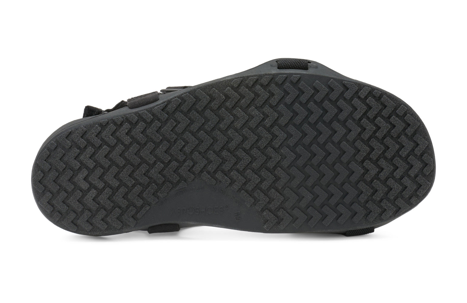 Xero Barefoot Shoes sold in Ontario, Canada. These minimalist shoes have flexible soles, wide toe boxes, and zero drop. Sole view of Xero Men's Z-Trek in Black, a lightweight packable sport sandal. 