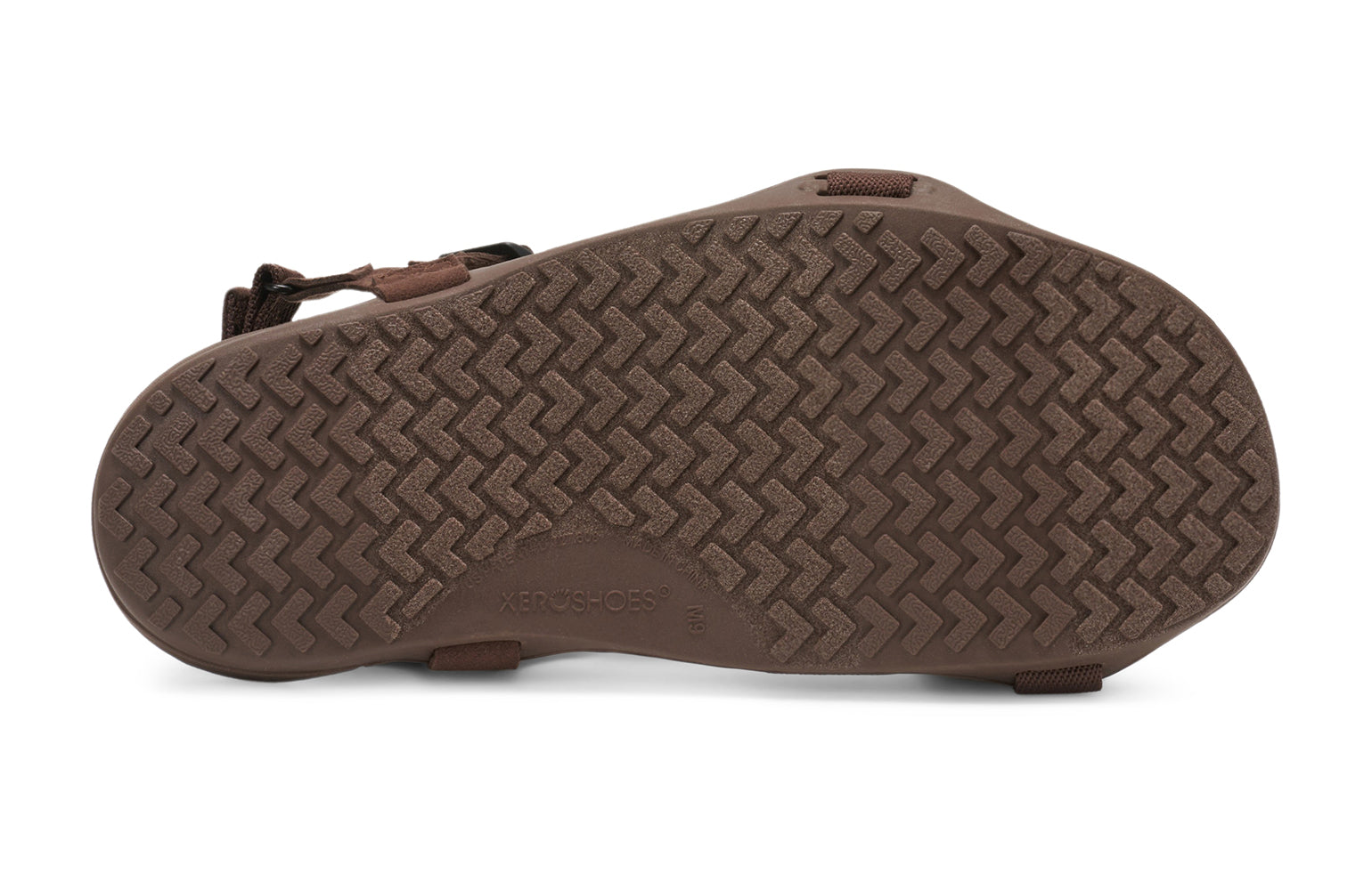Xero Barefoot Shoes sold in Ontario, Canada. These minimalist shoes have flexible soles, wide toe boxes, and zero drop. Sole view of Xero Men's Z-Trek in Brown, a lightweight packable sport sandal. 