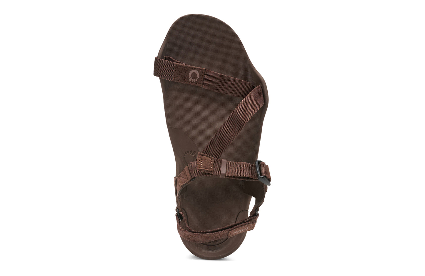 Xero Barefoot Shoes sold in Ontario, Canada. These minimalist shoes have flexible soles, wide toe boxes, and zero drop. Top view of Xero Men's Z-Trek in Brown, a lightweight packable sport sandal. 