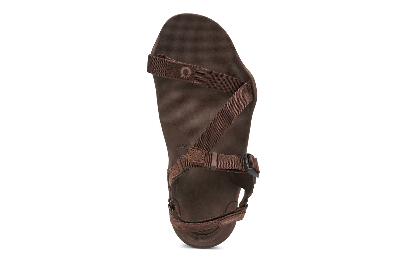 Xero Barefoot Shoes sold in Ontario, Canada. These minimalist shoes have flexible soles, wide toe boxes, and zero drop. Top view of Xero Men's Z-Trek in Brown, a lightweight packable sport sandal. 