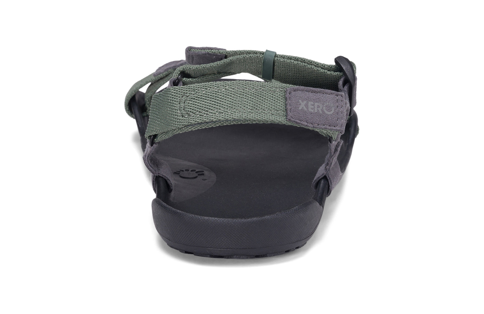 Xero Barefoot Shoes sold in Ontario, Canada. These minimalist shoes have flexible soles, wide toe boxes, and zero drop. Back view of Xero Men's Z-Trek in Forest, a lightweight packable sport sandal. 