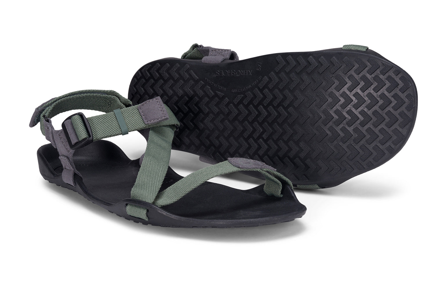 Xero Barefoot Shoes sold in Ontario, Canada. These minimalist shoes have flexible soles, wide toe boxes, and zero drop. Pair view of Xero Men's Z-Trek in Forest, a lightweight packable sport sandal. 