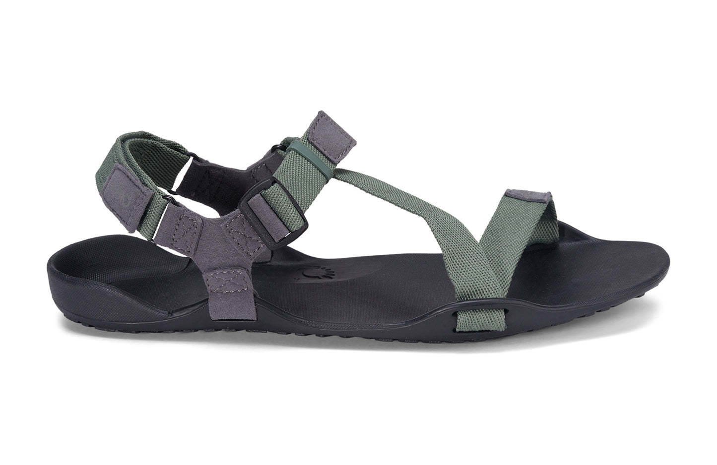 Xero Barefoot Shoes sold in Ontario, Canada. These minimalist shoes have flexible soles, wide toe boxes, and zero drop. Lateral side view of Xero Men's Z-Trek in Forest, a lightweight packable sport sandal. 