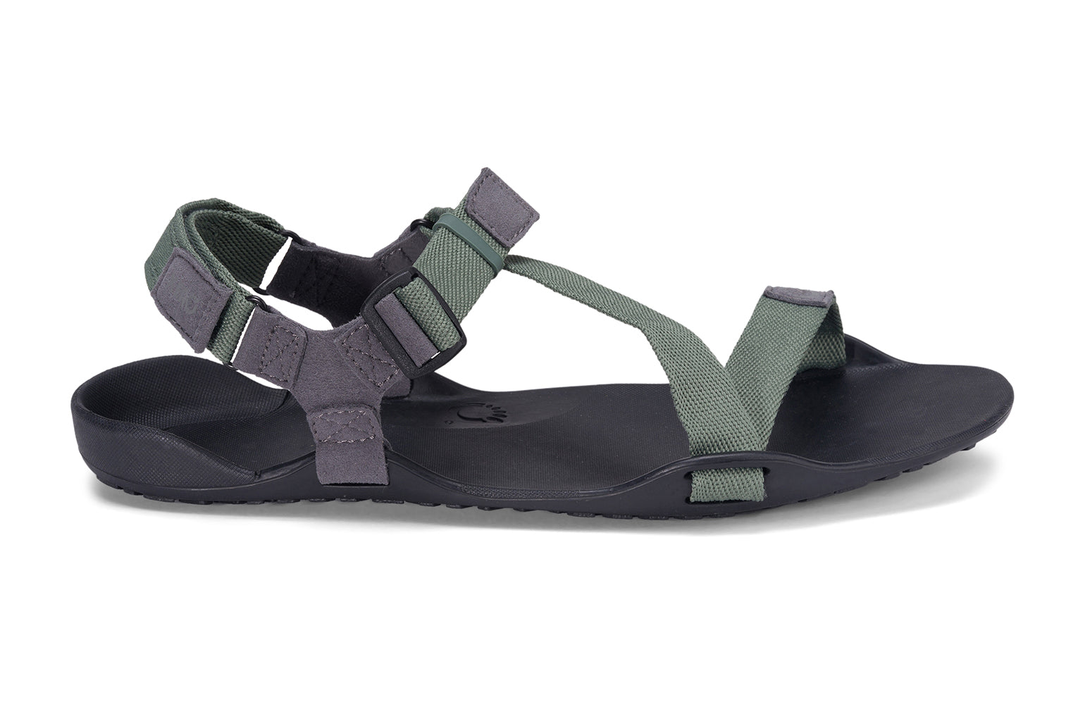 Xero Barefoot Shoes sold in Ontario, Canada. These minimalist shoes have flexible soles, wide toe boxes, and zero drop. Lateral side view of Xero Men's Z-Trek in Forest, a lightweight packable sport sandal. 