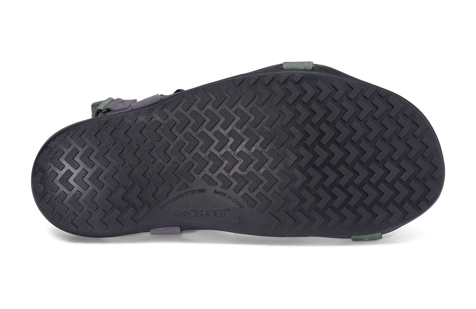 Xero Barefoot Shoes sold in Ontario, Canada. These minimalist shoes have flexible soles, wide toe boxes, and zero drop. Sole view of Xero Men's Z-Trek in Forest, a lightweight packable sport sandal. 