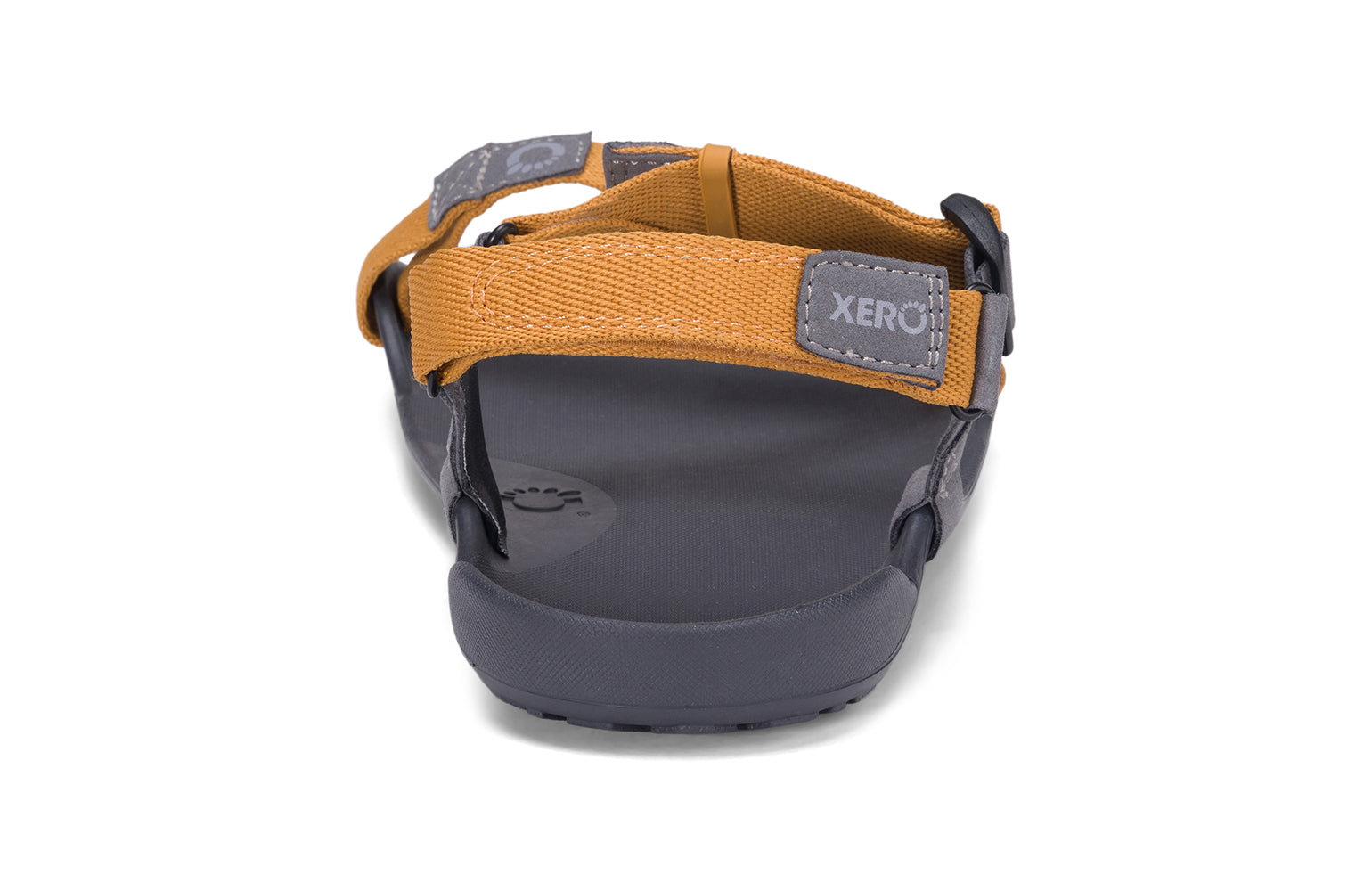Xero Barefoot Shoes sold in Ontario, Canada. These minimalist shoes have flexible soles, wide toe boxes, and zero drop. Back view of Xero Men's Z-Trek in Nugget, a lightweight packable sport sandal. 