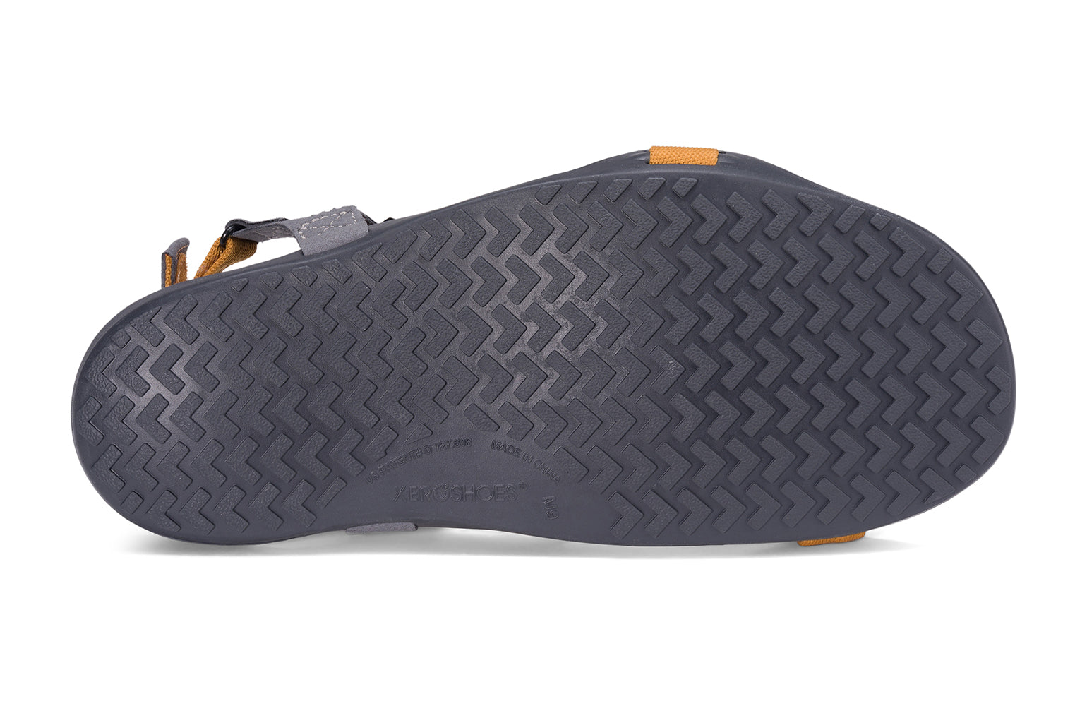 Xero Barefoot Shoes sold in Ontario, Canada. These minimalist shoes have flexible soles, wide toe boxes, and zero drop. Sole view of Xero Men's Z-Trek in Nugget, a lightweight packable sport sandal. 