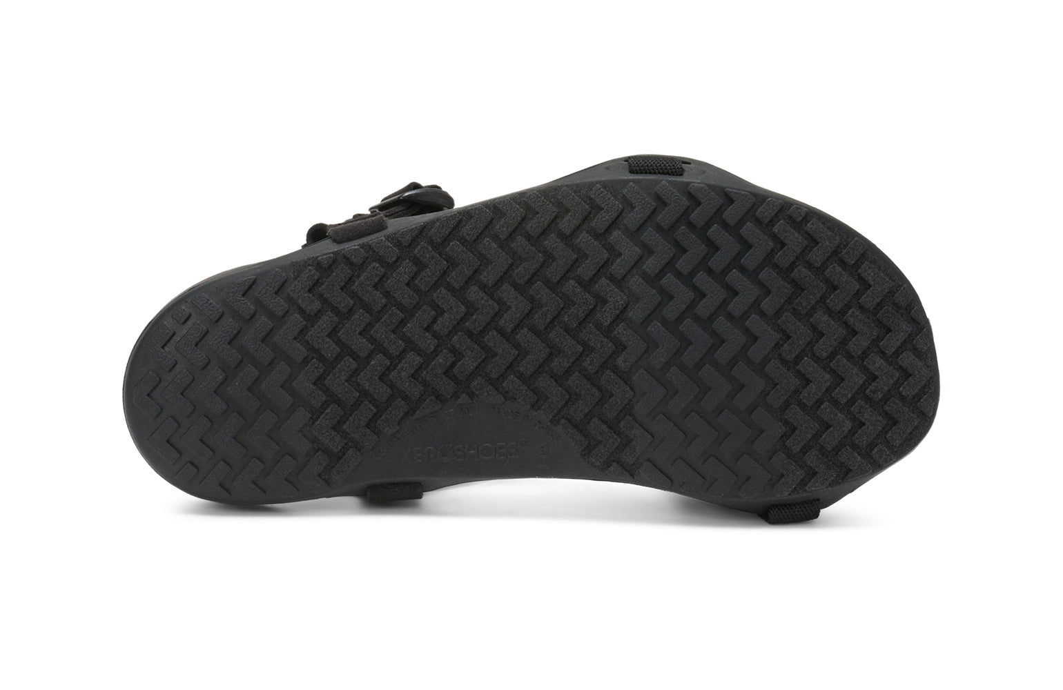 Xero Barefoot Shoes sold in Ontario, Canada. These minimalist shoes have flexible soles, wide toe boxes, and zero drop. Sole view of Xero Women's Z-Trek in Black, a lightweight packable sport sandal. 