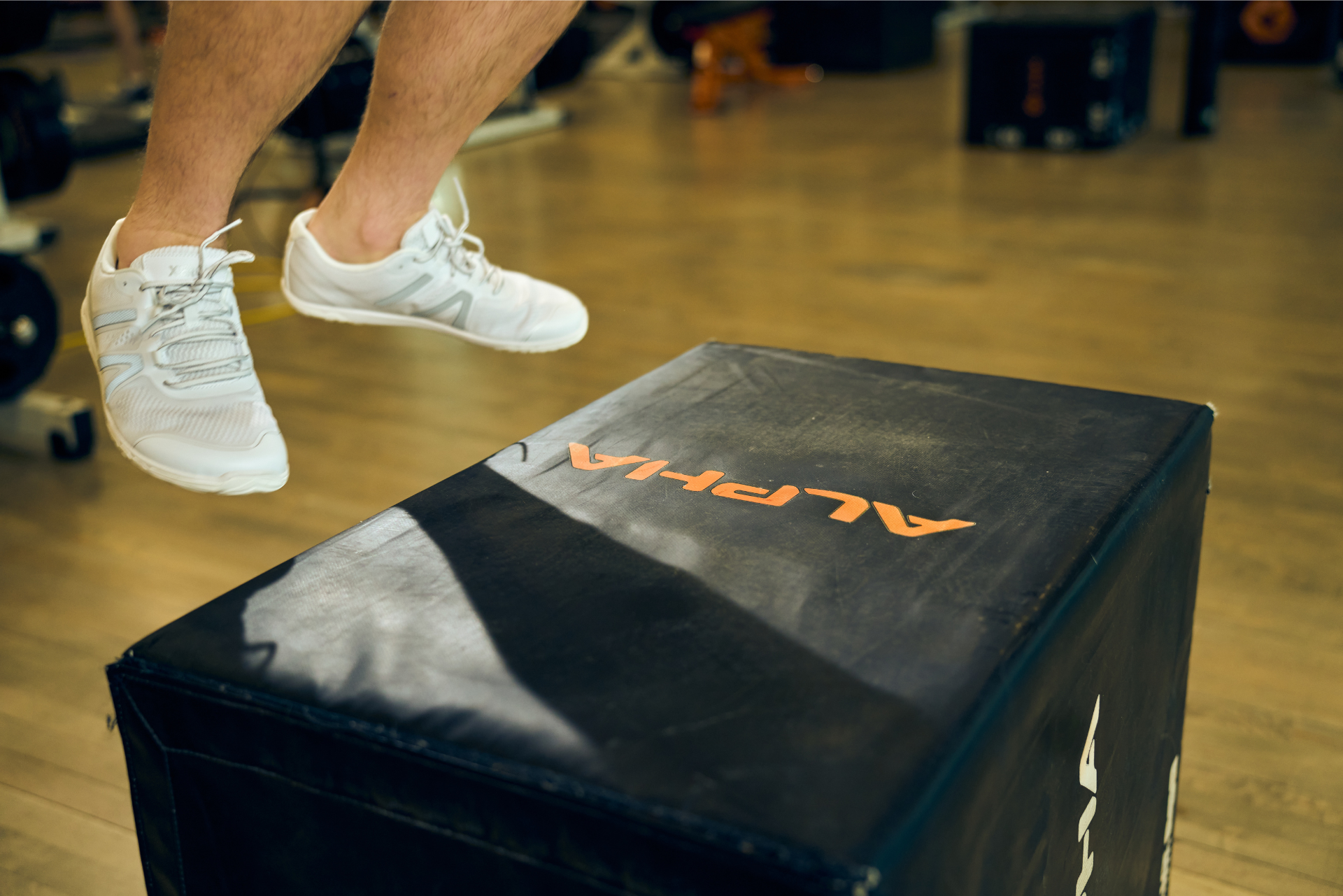 Xero Shoes Canada, specifically barefoot running shoes Canada. Man wearing HFS II while doing a box jump at the gym
