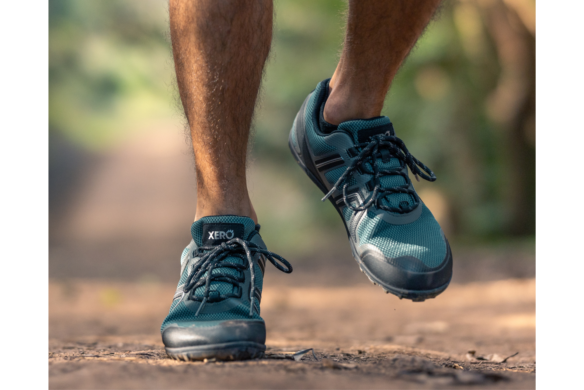 Xero Shoes Canada, specifically barefoot hiking shoes Canada. Man wearing Mesa Trail WP on a trail