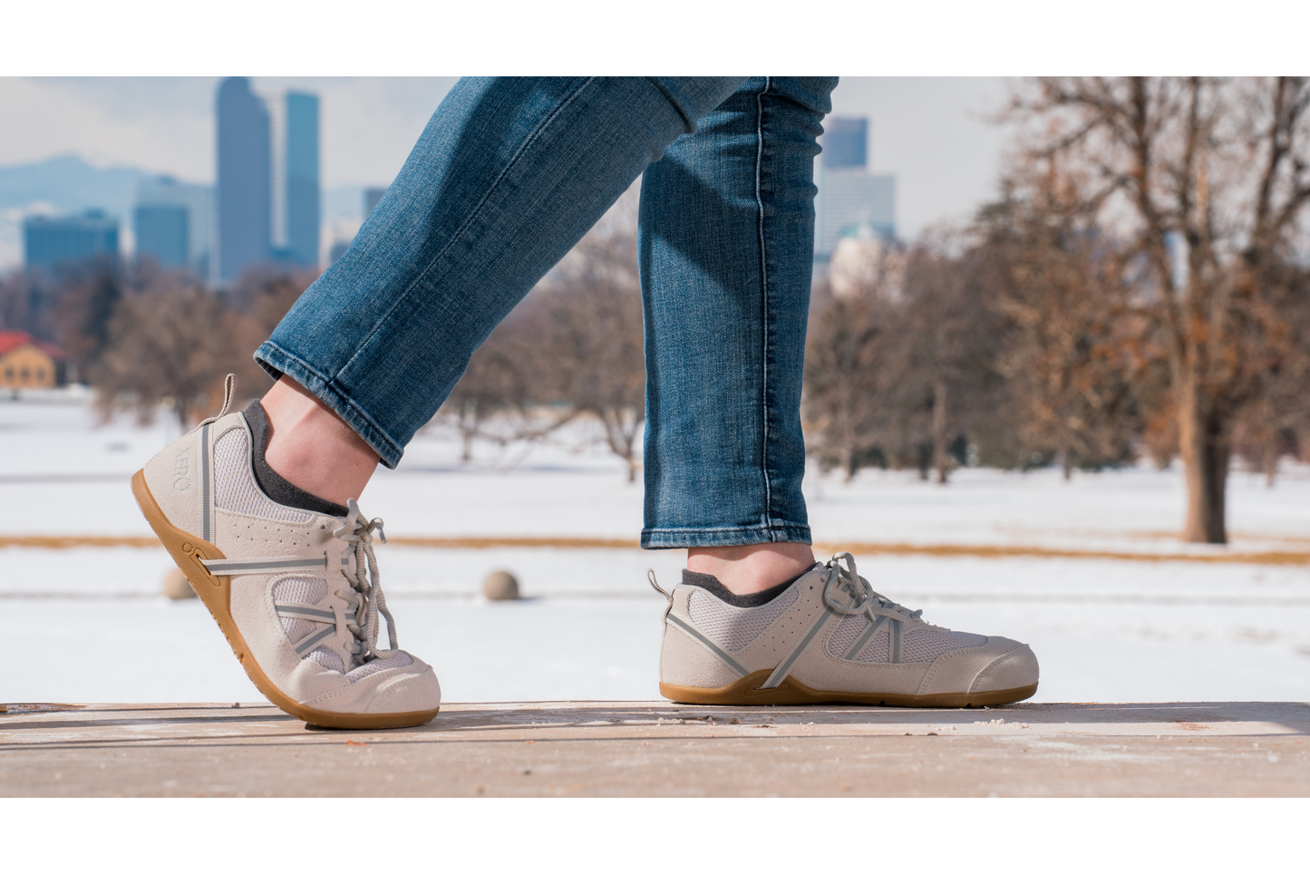 Xero Shoes Canada, specifically women’s barefoot shoes Canada. Woman wearing Prio with jeans while out on a walk
