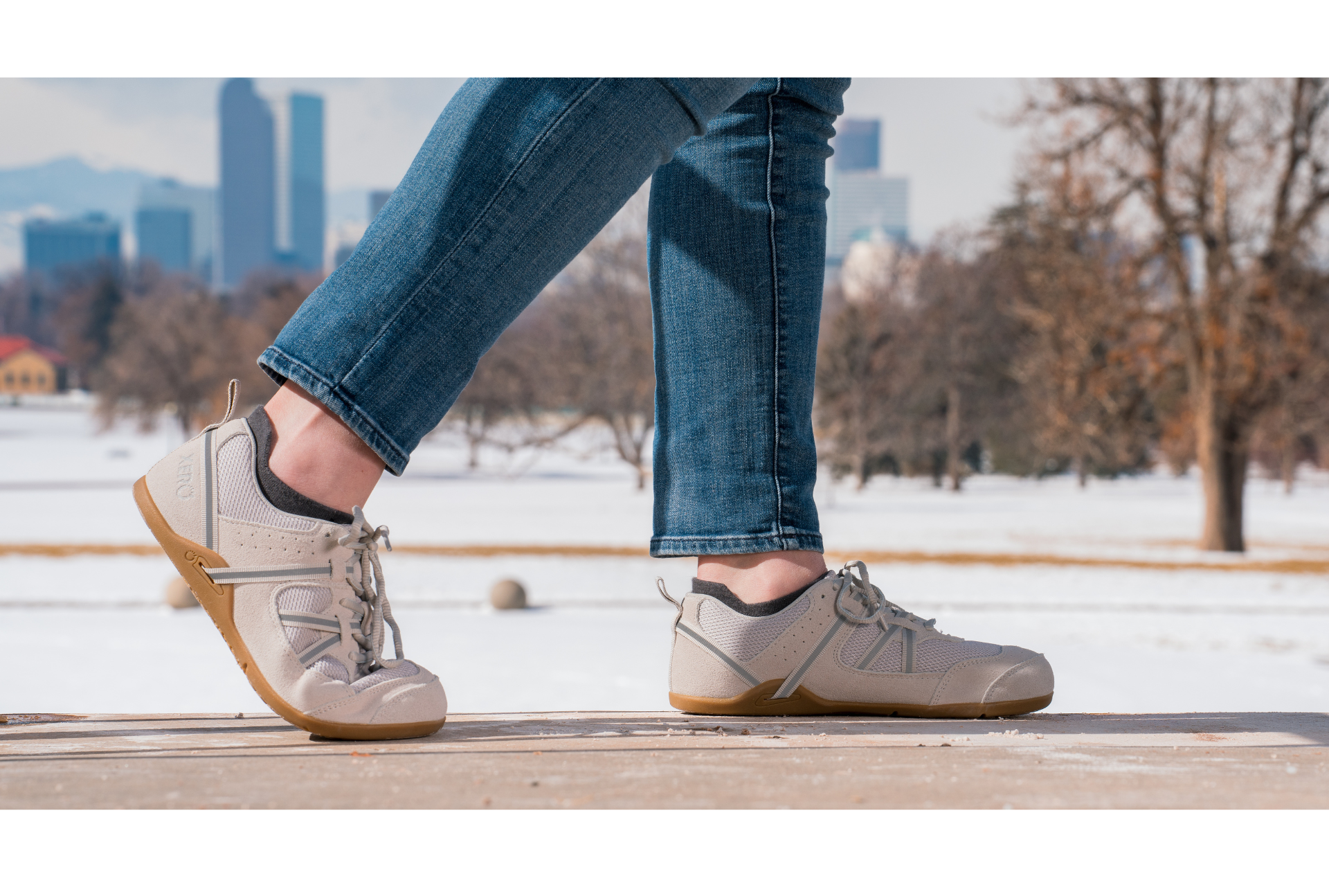 Xero Shoes Canada, specifically women’s barefoot shoes Canada. Woman wearing Prio with jeans while out on a walk